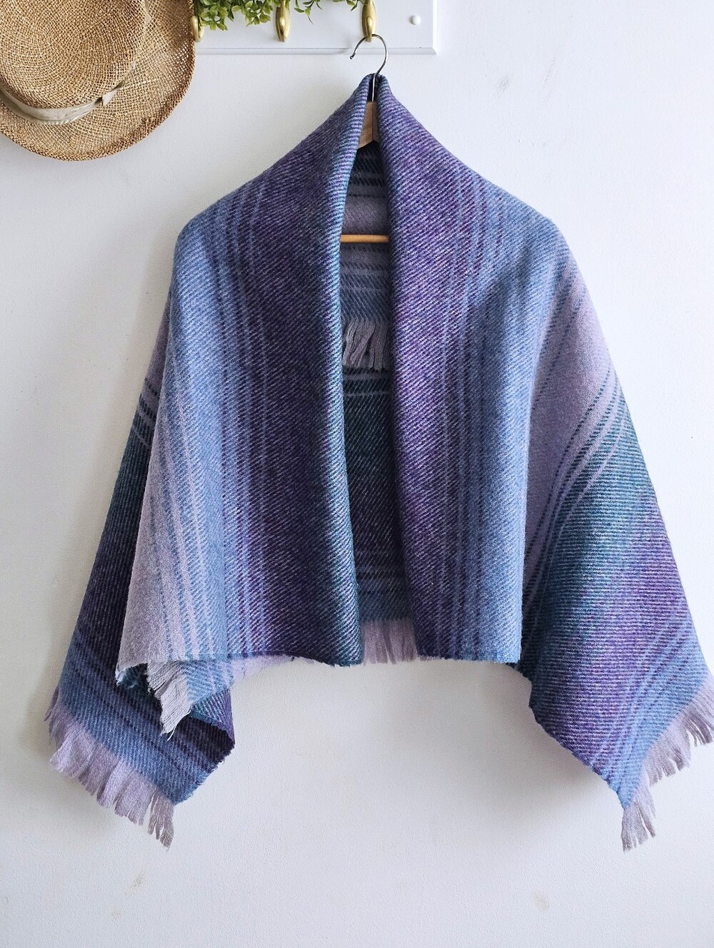 J. Hanly Ireland Pure New Wool Plaid Blanket Shawl Wrap Purple Blue 40x55
